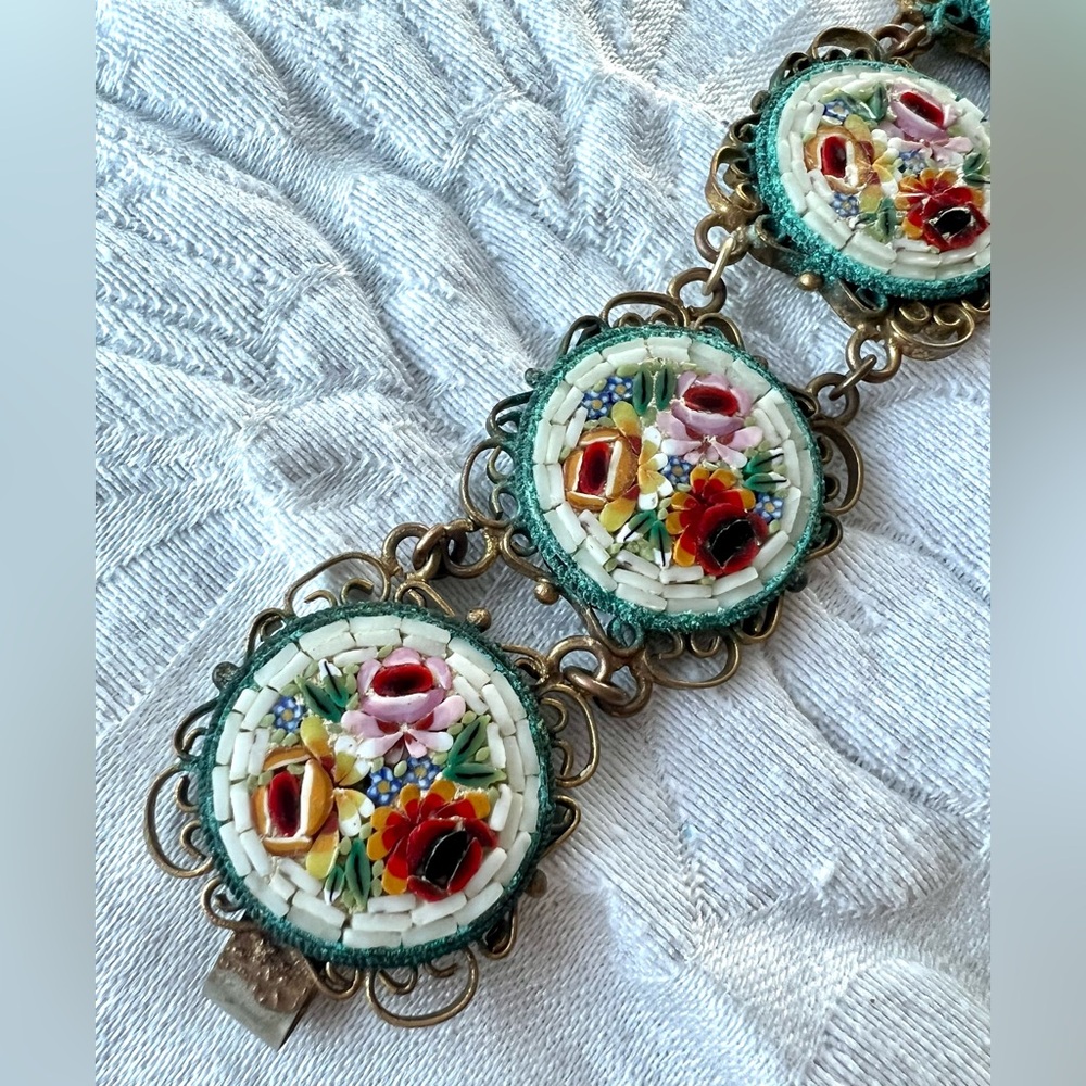 Antique Italian Micro mosaic bracelet with 6 stunning centerpieces Roses